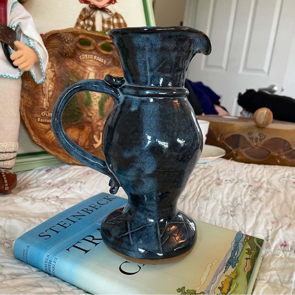 Artisan Pottery Pitcher DJ Handmade 8” Tall Gorgeous Deep Blue! Lovely Details!